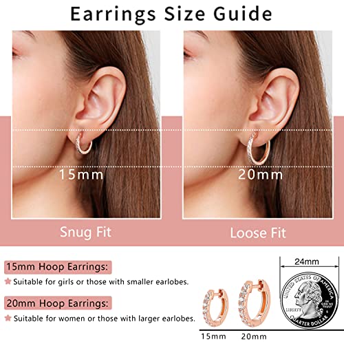 14K Gold Plated Hoop Earrings for Women with 925 Sterling Silver Post, Lightweight Small Hoop Earrings 15mm/20mm Huggie Hoop Earrings - color: CZ Hoop - 14K Rose Gold Plated, size: 15MM
