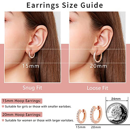 14K Gold Plated Hoop Earrings for Women with 925 Sterling Silver Post, Lightweight Small Hoop Earrings 15mm/20mm Huggie Hoop Earrings - color: CZ Hoop - 14K Rose Gold Plated, size: 15MM