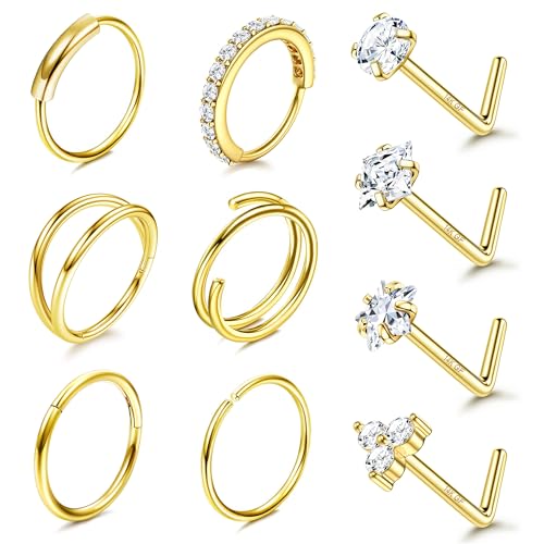 MILACOLATO 14K Gold Filled Nose Ring Studs 20G Nose Ring Hoops Hypoallergenic 316L Surgical Stainless Steel Nose Rings L Shaped CZ Nose Nostril Piercing Jewelry for Women Men 10Pcs - color: 14K GF