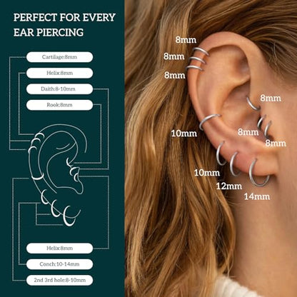 925 Sterling Silver Solid Infinity Sleeper Hinged Hoop Earrings Nose Ring Tragus 18G 8mm 10mm 12mm 14mm Women Men Hypoallergenic Body Jewelry Silver or Gold - style: Silver 8mm