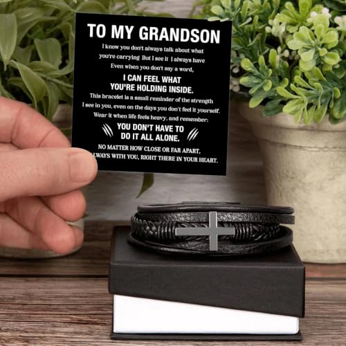 To My GrandSon Bracelet – Cross Braided Leather Bracelet, Meaningful GrandSon Gift from Grandpa & Grandma with Heartfelt Message Card & Elegant Gift Box for Birthday, Christmas, Graduation - color: Version#4