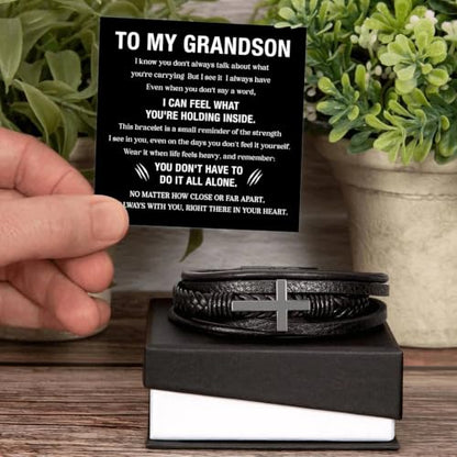 To My GrandSon Bracelet – Cross Braided Leather Bracelet, Meaningful GrandSon Gift from Grandpa & Grandma with Heartfelt Message Card & Elegant Gift Box for Birthday, Christmas, Graduation - color: Version#4