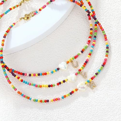 MJartoria Initial Necklaces for Women, Colorful Beaded Necklace, Shell Beach Necklace Letter Choker Handmade Jewelry Gifts - style: W