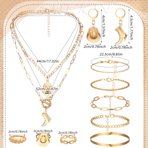 Ecally Bohemian Western Jewelry Turquoise Set Women Country Pendant Long Choker Layered Bracelets Earrings Ring for Women - color: Gold, style: Western