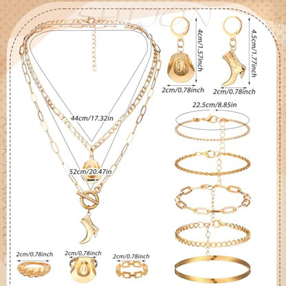 Ecally Bohemian Western Jewelry Turquoise Set Women Country Pendant Long Choker Layered Bracelets Earrings Ring for Women - color: Gold, style: Western