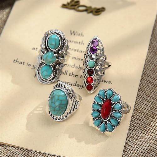 4 Pieces Vintage Turquoise Rings Set for Women Bohemian Western Natural Turquoise Geometric Flower Rings Retro Western Style Country Concert Jewelry Gifts