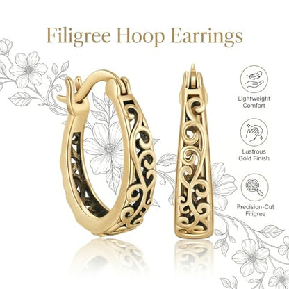14K Gold Earrings for Women Gold Filigree/Celtic Huggie Earrings Jewelry Easter Mothers Day Gifts for Mom Girlfriend - style: Filigree-A
