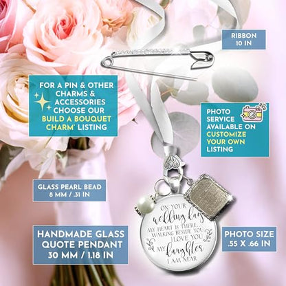 Bouquet Charm On Your Wedding Day Memorial Honoring Mom Dad Grandma Grandpa Meaningful Bridal Floral Jewelry Silver Finish Pendant Bride's Flowers Photo Frames Parent Grandparent - color: White Bead, style: My Daughter | 1 Frame
