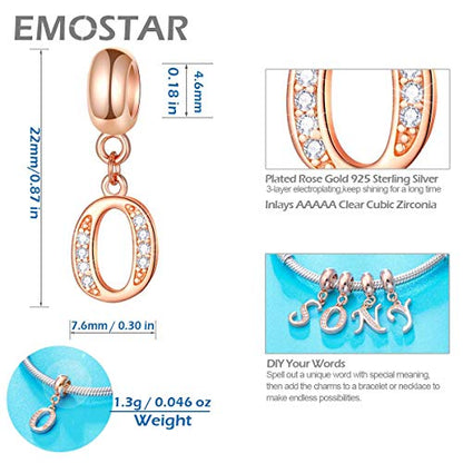 EMOSTAR Letter Charms Initial A-Z Alphabet Beads, Rose Gold 925 Sterling Silver Dangle CZ Birthstone Pendant, Gifts for European Charm Bracelet/Mothers Day/Birthday - color: Letter O