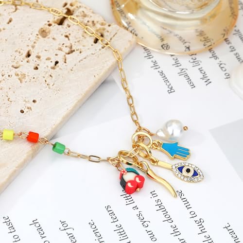 Charm Necklace for Women Gold Evil Eye Sun Moon Flower Coin Pendant Necklace Dainty Paperclip Chain Vintage Luck Amulet Choker Necklaces Celestial Jewelry Gift - style: 5 Charms-Blue Eye