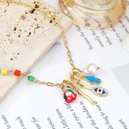 Charm Necklace for Women Gold Evil Eye Sun Moon Flower Coin Pendant Necklace Dainty Paperclip Chain Vintage Luck Amulet Choker Necklaces Celestial Jewelry Gift - style: 5 Charms-Blue Eye