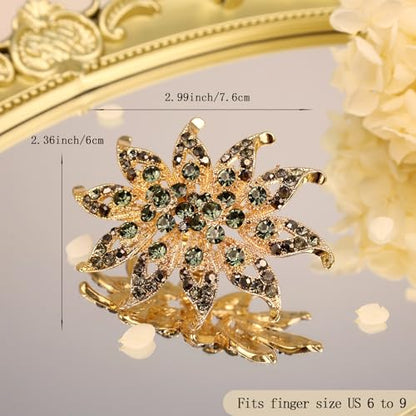 Elegant Big Crystal Flower Ring for Women Gold Rhinestone Floral Rings Open Finger Adjustable Crystal Flower Statement Ring Jewelry for Bridal Wedding - color: Flower 2 - grey