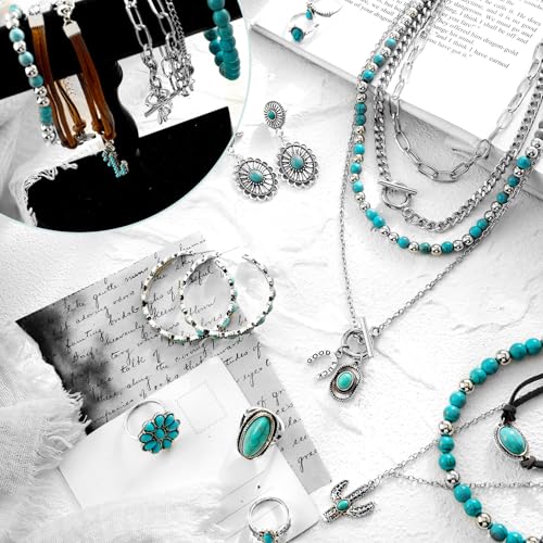 Inbagi Maitys 15 Pcs Halloween Jewelry Women Chain Necklace Bracelet Stud Earrings Hoops Bracelet Big Circle Earring Rings Set - style: Turquoise