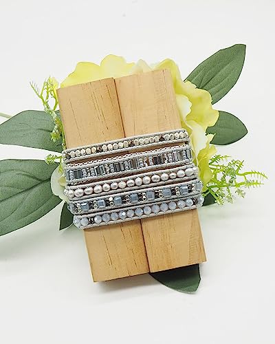 Bracelet for Women – Handmade Vegan Boho Natural Stone Layered Bracelet, Thailand Bohemian Stackable Beaded Wrap Bracelets, Summer Hippie Bracelet Stack, Fashion Jewelry Gifts - color: A8-Bianco