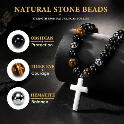 Beaded Cross Necklace Gifts for Men - Triple Protection Black Onyx Obsidian Tiger Eye Natural Stone Necklace Stainless Steel Cross Pendant Stress Relief Balance Faith Jewelry Gifts for Husband Dad Son - color: John 3:16