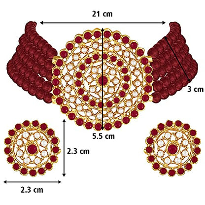 Aheli Pearl Diamond Choker Necklace & Round Earrings Gift for Women Indian Traditional Bollywood Fashion Bharatanatyam jewellery set - color: Red