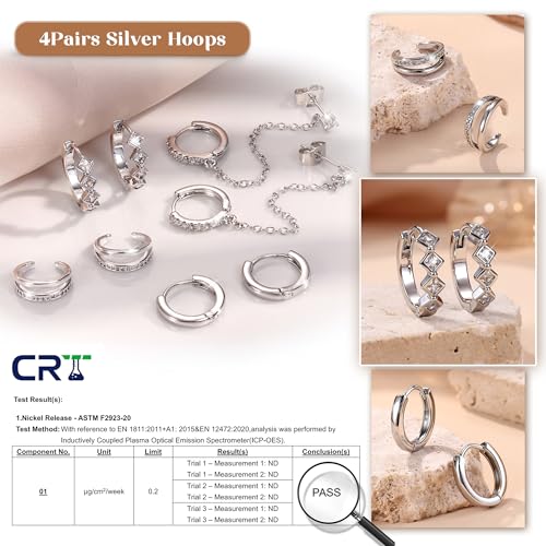 4 Pairs Small Hoop Earrings for Women 14K Gold Plated | Trendy Chain Drop Earrings Set, Hypoallergenic CZ Huggie Hoops, Lightweight Cartilage Earring Stacks - color: Silver Plated-hoop&cuff