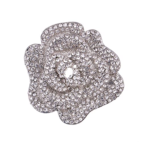 Rhinestone Rose Brooch Pin for Women Girls Fashion Crystal Big Blossom Flower Brooch Lapel Pins Elegant Dress Accessories Jewelry Boutonniere Corsage for Hat Bag Suit Tie Gift Wedding Holiday - color: Silver