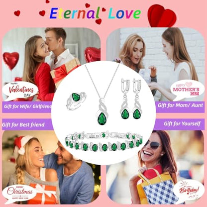 LMXXVJ Jewelry Set for Women,Teardrop Cubic Zirconia Necklace Earrings Adjustable Ring Bracelet Jewelry Set Formal Jewelry Gift - color: MHSD-White Gold-Green