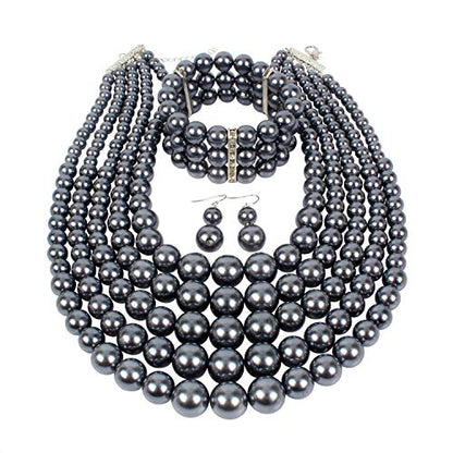 KOSMOS-LI Large Multi Layer Faux Pearl Strand Costume Jewelry Sets For Women Stocking Stuffers - color: Grey