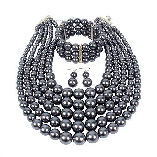 KOSMOS-LI Large Multi Layer Faux Pearl Strand Costume Jewelry Sets For Women Stocking Stuffers - color: Grey