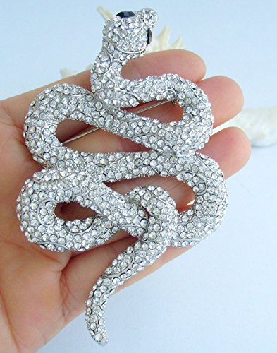 Classic 3.94" Unique Animal Snake Brooch Pin Pendant Austrian Crystal BZ5847 - color: Silver-Tone Clear