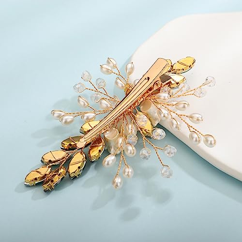 Xerling Green Rhinestones Crystal Flower Hair Barrettes Clip Boho Bridal Pearl Hair Jewelry Accessories for Women Wedding Floral Headpieces (Green) - color: Green