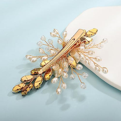 Xerling Green Rhinestones Crystal Flower Hair Barrettes Clip Boho Bridal Pearl Hair Jewelry Accessories for Women Wedding Floral Headpieces (Green) - color: Green