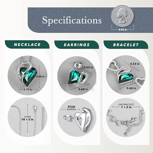 Leafael Necklace Gift Set for Women, Infinity Love Birthstone Heart Pendant with Matching Earrings and Bracelet, for Mom and Wife, Silver Plated - color: 05-Set-May-Emerald Green
