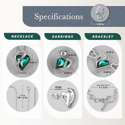 Leafael Necklace Gift Set for Women, Infinity Love Birthstone Heart Pendant with Matching Earrings and Bracelet, for Mom and Wife, Silver Plated - color: 05-Set-May-Emerald Green