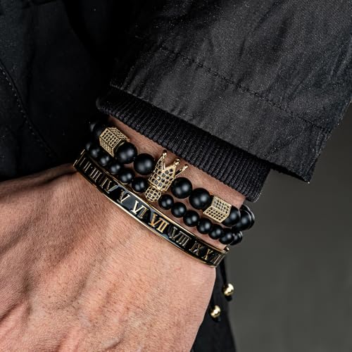 3pcs/set Classical Handmade Braiding Bracelet Hip Hop Men Pave CZ Leopard Head Roman Numeral Bracelet Stainless Steel Jewelry - color: 3pcs D Black golden