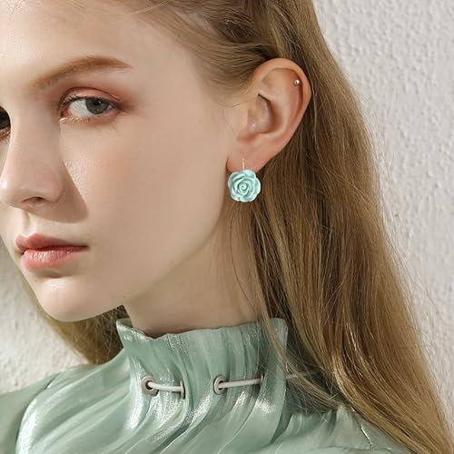 Handmade Bohemian Aesthetic Dainty Acrylic Flower Petal Leverback Earrings Sparkly 14K Gold Floral Dangle Drop Earrings for Women - color: Blue Green