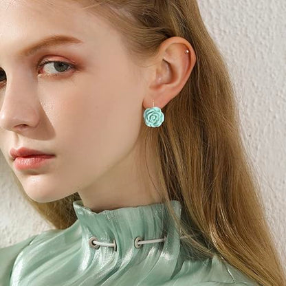 Handmade Bohemian Aesthetic Dainty Acrylic Flower Petal Leverback Earrings Sparkly 14K Gold Floral Dangle Drop Earrings for Women - color: Blue Green