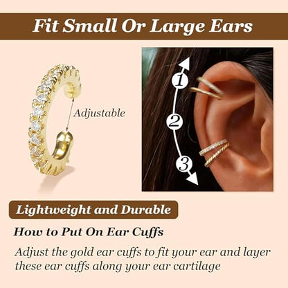 YANCHUN Ear Cuffs Non Piercing 14K Gold Plated Ear Cuff Earrings for Women Trendy Stuff Clip on Cartilage Earring Stacks Non Pierced Adjustable Fake Earrings Set Jewelry Christmas Gift 2026 Stocking Stuffers