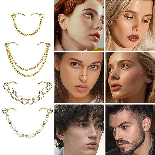Stainless Steel Nose Rings Chain Horseshoe Nose Ring Body Piercing Jewelry | African Star Heart Studs Horseshoe Nose Cuff Septum Chain Body Piercing Jewelry Set for Women Men, Silver - color: 14K Gold Plated