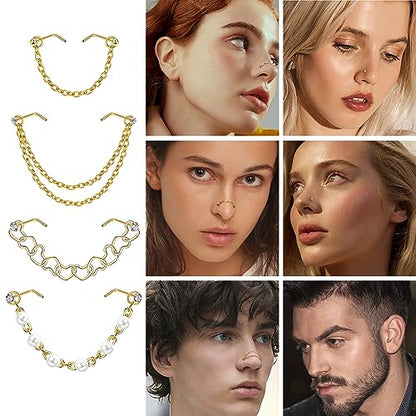 Stainless Steel Nose Rings Chain Horseshoe Nose Ring Body Piercing Jewelry | African Star Heart Studs Horseshoe Nose Cuff Septum Chain Body Piercing Jewelry Set for Women Men, Silver - color: 14K Gold Plated