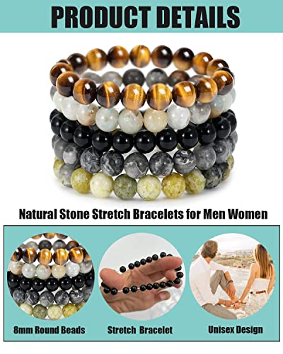BOMAIL 5PCS Semi-Precious Gemstone Beaded Bracelet 8mm Round Beaded | Healing Crystal Stone, Stretch Bracelets, Unisex, Handmade,Elastic,Yoga Beads Bracelets,Jewelry Gift - color: B