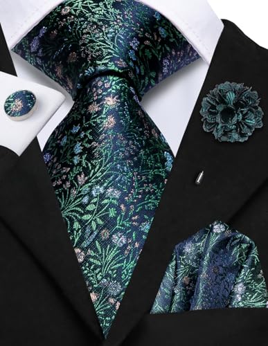 Hi-Tie Men's Silk Ties Formal Woven Classic Necktie Pocket Square Cufflinks Lapel Pin Set Wedding Business - color: A Navy Blue