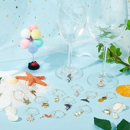 SUNNYCLUE 1 Box 14Pcs Glass Markers Bulk Glass Identifiers Wine Markers Charms Stafish Shells Suummer Ocean Hawaii Wine Identifiers for Gathering Wedding Gifts Party Favor Drinks Decor Supplies - style: 14 Sets Golden Tone Ocean Themed Wine Charms & Upgra