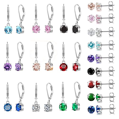 Multicolor Crystal Dangle Studs Earrings Set for Women 925 Silver Hypoallergenic Dangle Earrings Leverback Drop Earring Fashion Cubic Zirconia Leverback Stud Earring Sets Trendy Cubic Zirconia Jewelry Gifts for Women - style: 18-S