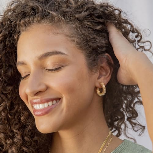 Trendy 14K Gold Plated Hoop Earrings for Women, Chunky Gold/Silver Earrings for Women Cubic Zirconia Baguette Hoop Earrings Heart Hoops Lightweight Hypoallergenic Jewelry,25mm/35mm/40mm/50mm - color: 01 Gold Champagne Hoops 25mm