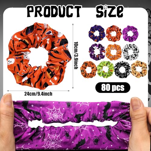 80 Pcs Halloween Satin Hair Scrunchies Pumpkin Skull Black Cat Silk Hair Ties Elastic Bands Ropes Ponytail Holders Ties Halloween Accessories for Women Party Favors - style: Pumpkin