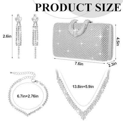 Quelay 4 Pcs Purse Rhinestone Jewelry Set Women | Wedding Bridal Prom Jewelry Sparkly Clutch Handbag with Necklace Bracelet Dangle Earrings Shiny Costume Kit - color: Silver, style: Elegant