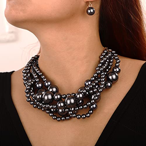 Wiwpar 2PCS Large Chunky Statement Faux Pearl Bib Choker Necklace and Earring Set for Party Wedding Ladies - color: black