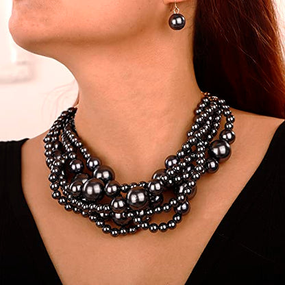Wiwpar 2PCS Large Chunky Statement Faux Pearl Bib Choker Necklace and Earring Set for Party Wedding Ladies - color: black