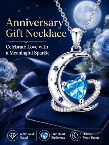 Birthstone Necklace for Women White Gold Moon and Star Pendant Moon Jewelry Anniversary Birthday Gifts for Mom Wife Her - color: 03. March - Aquamarine