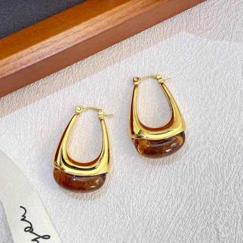 Vintage Amber Resin Hoop Earrings for Women Statement Chunky U-Shaped Brown Thick Dangle Huggie Stainless Steel Retro Trendy Earring Fashion Jewelry Gift for Her