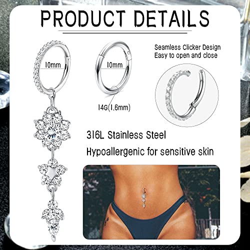 THUNARAZ 14G Hoop Belly Button Rings for Women CZ Clicker Navel Piercing | Surgical Stainless Steel Belly Navel Rings, Hoop Heart Butterfly Dangle Belly Piercing Jewelry - color: Silver Tone-Dangle
