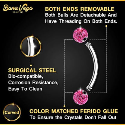 Surgical Steel Curved Barbell Ring 16g 5/16 8mm 3mm Ferido Ball Helix Earring Eyebrow Piercing Jewelry Choose Colors and Size - color: Q-6pcs-Rose-16g-5/16"(8mm)-3mmBall