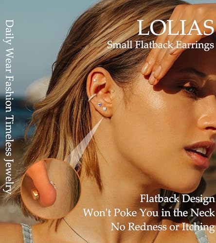 LOLIAS Hypoallergenic Flat Back Earrings for Women-Surgical Steel Earrings for Sensitive Ears 20G Stainless Steel Earring Stacks Small Flatback Stud Hoop Cartilage Earring - color: 14K Gold Plated